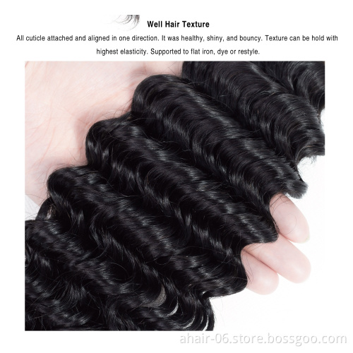 Factory price good quality brazilian remy human hair,raw virgin hair bundles deep wave with lace frontals
